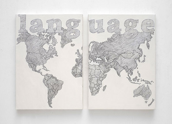 Une planche double d'un diaporama d'Agnès Thurnauer. Il s'agit d'un diptyque construit avec les mots et les images.  Crayon sur toiles blanches.